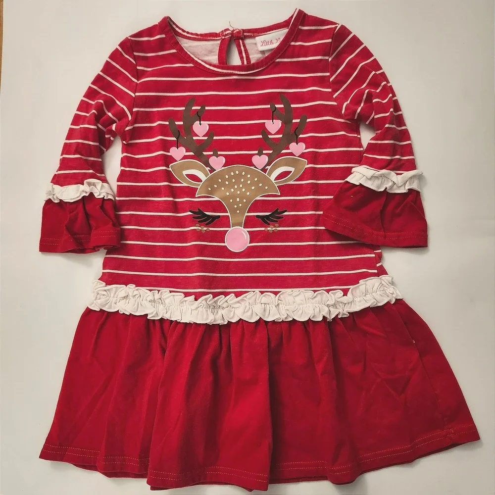 Little Lass Girls 4T Red White Stripe Ruffle Sleeve Reindeer Christmas Dress